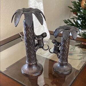 Bombay vintage Bronze Monkey Palm Tree Candle Holders